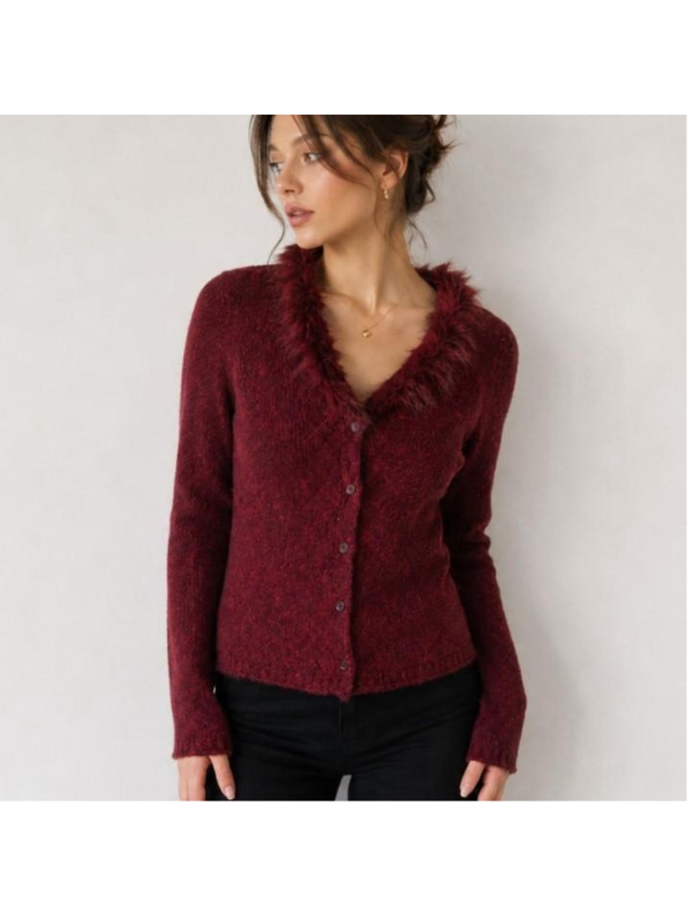 Vintage 90s Y2K Jones New York Burgundy Feather Collar Cardigan Medium